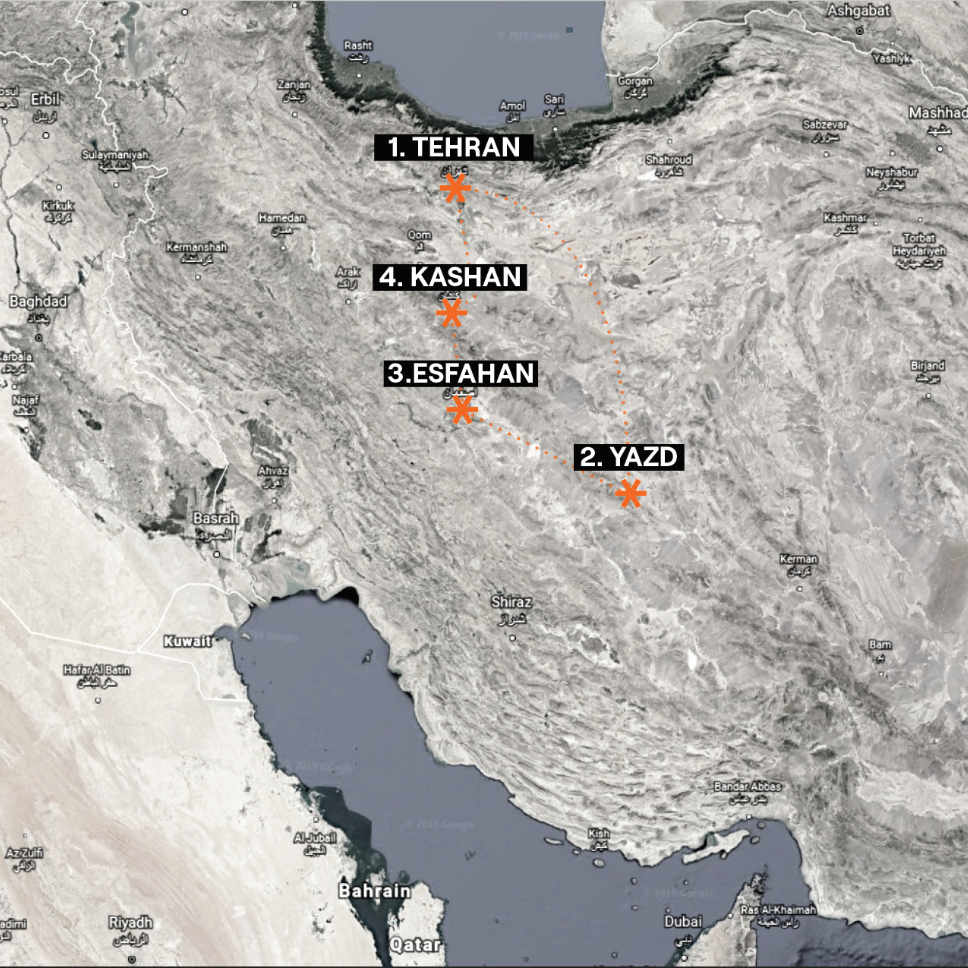 map describing our travel plans, from Tehran to Yazd to Esfahan to Kashan.